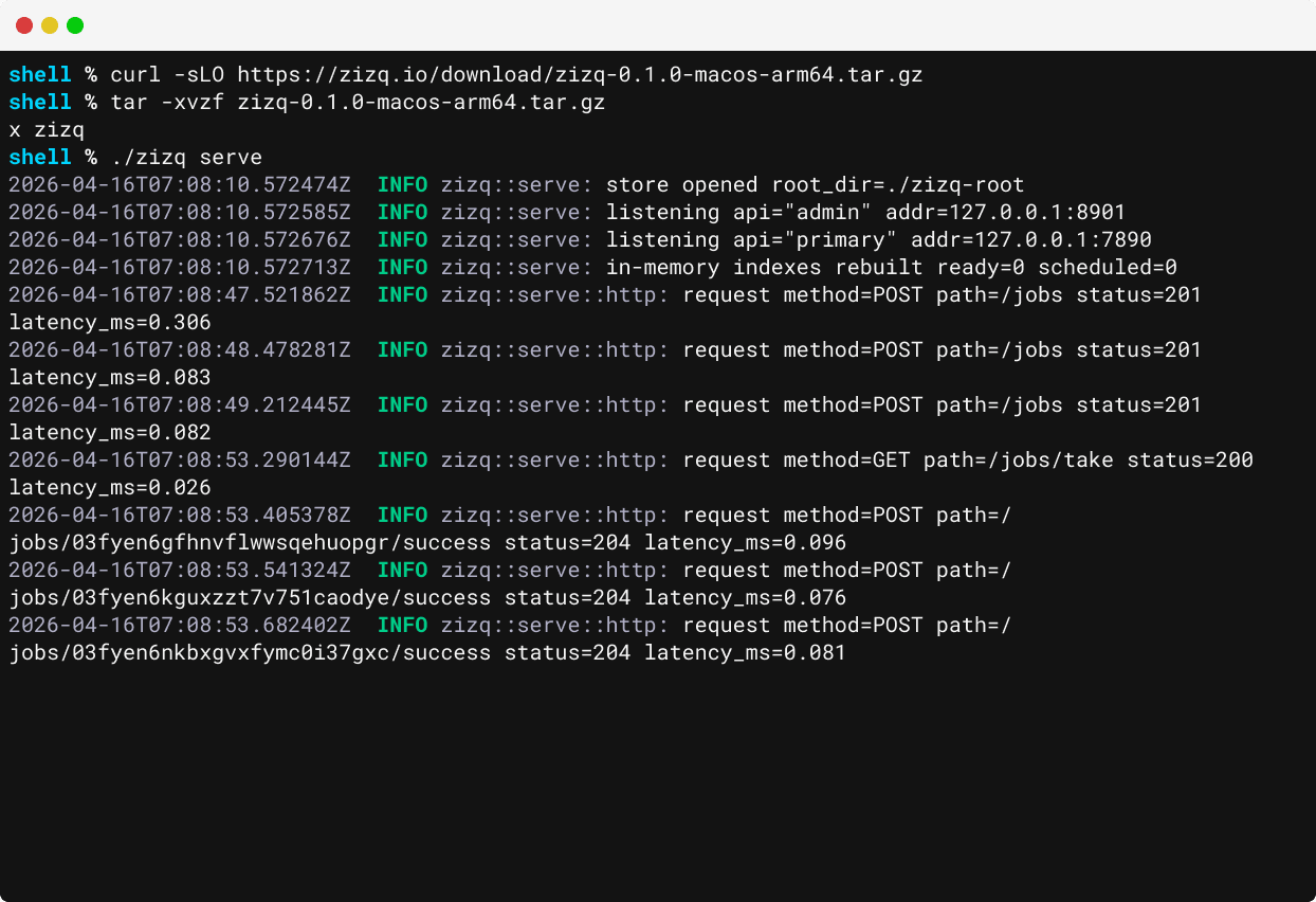 Terminal showing zizq serve starting up